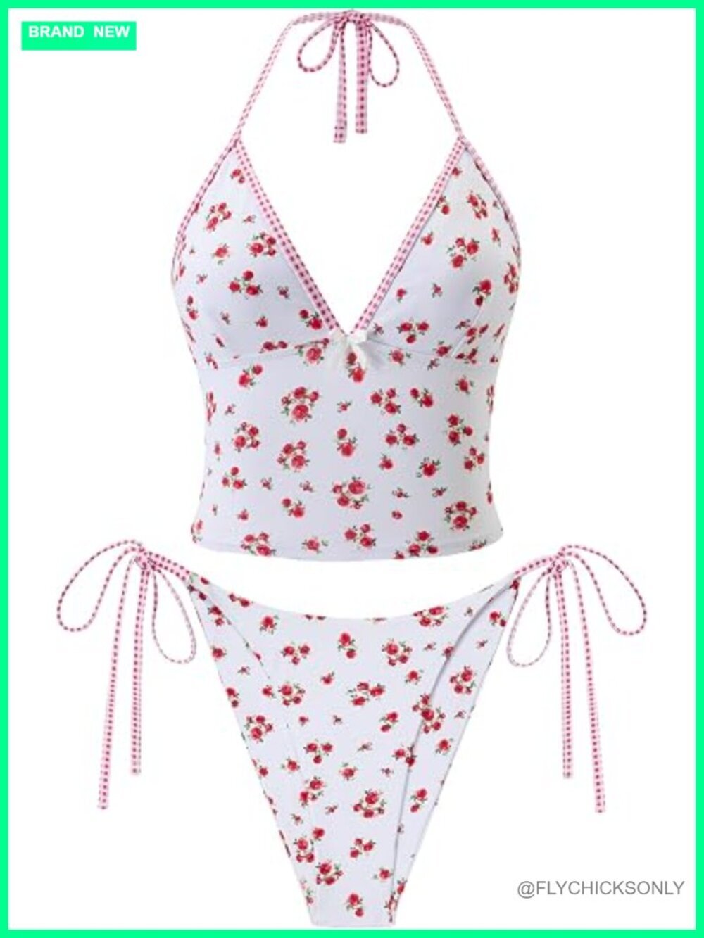 Terry Fabric Halter V Neck Tankini Set with High Cut Tie Side Thong Bottom